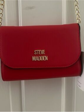Steve Madden Red Crossbody with Gold Logo and Chain